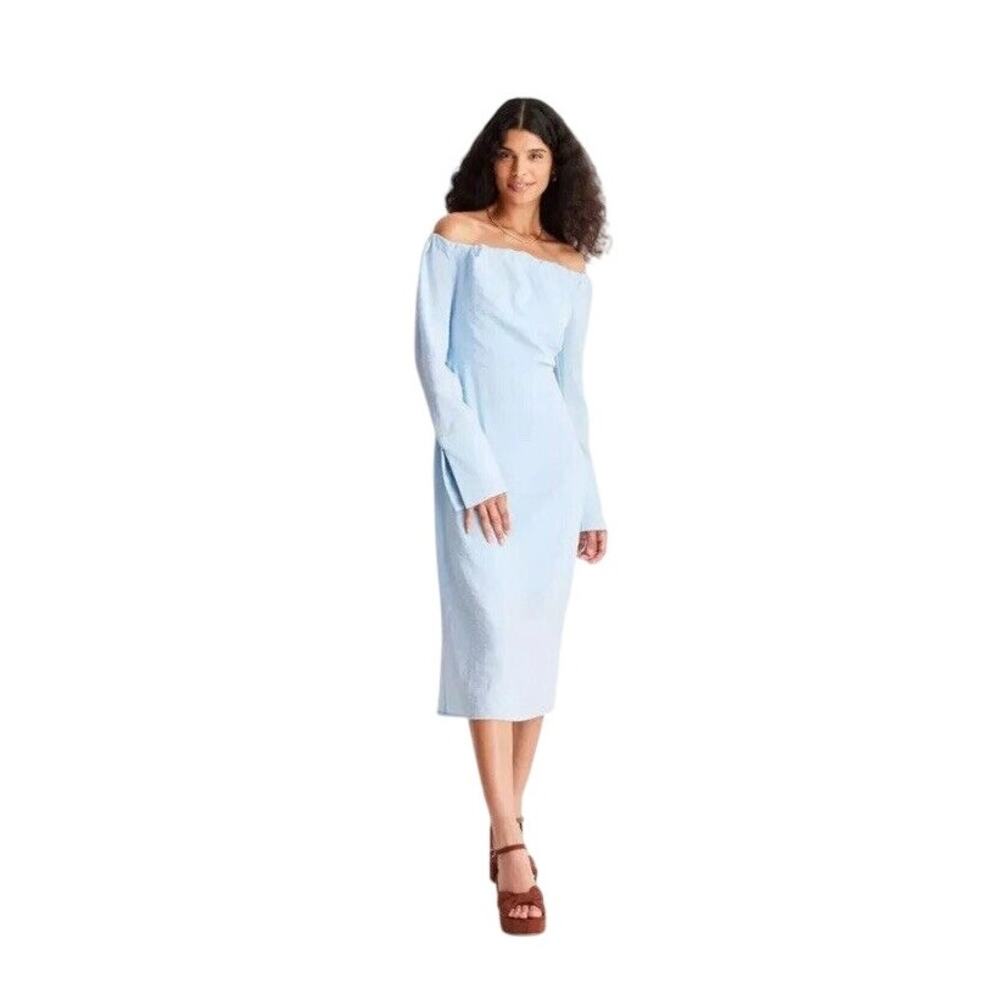 FUTURE COLLECTIVE REESE BLUTSTEIN SIZE 8 LIGHT BLUE OFF-SHOULDER MIDI DRESS NWT